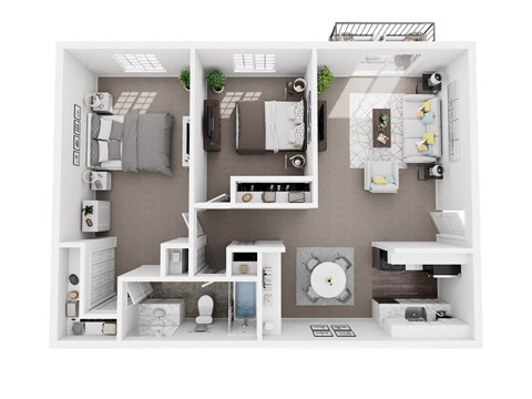 A 3D floor plan of a small apartment with a kitchen, living room, and bathroom.